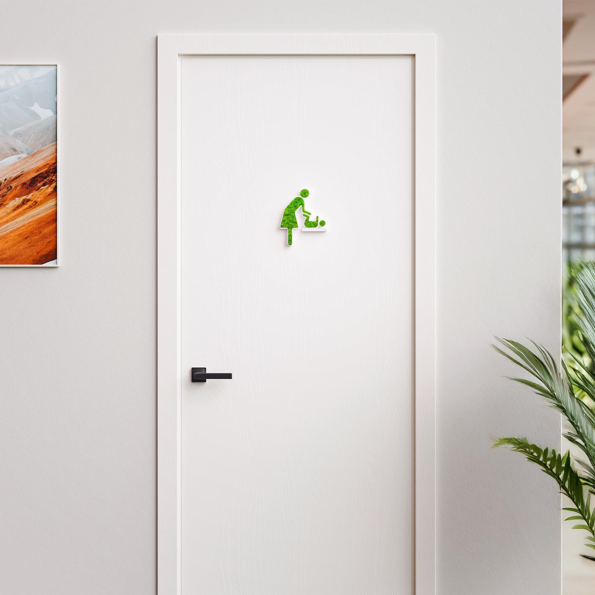 MOOSWERK Moss Door Sign Changing Room Pictogram (Woman & Baby) – Handmade sign with real moss in a white frame