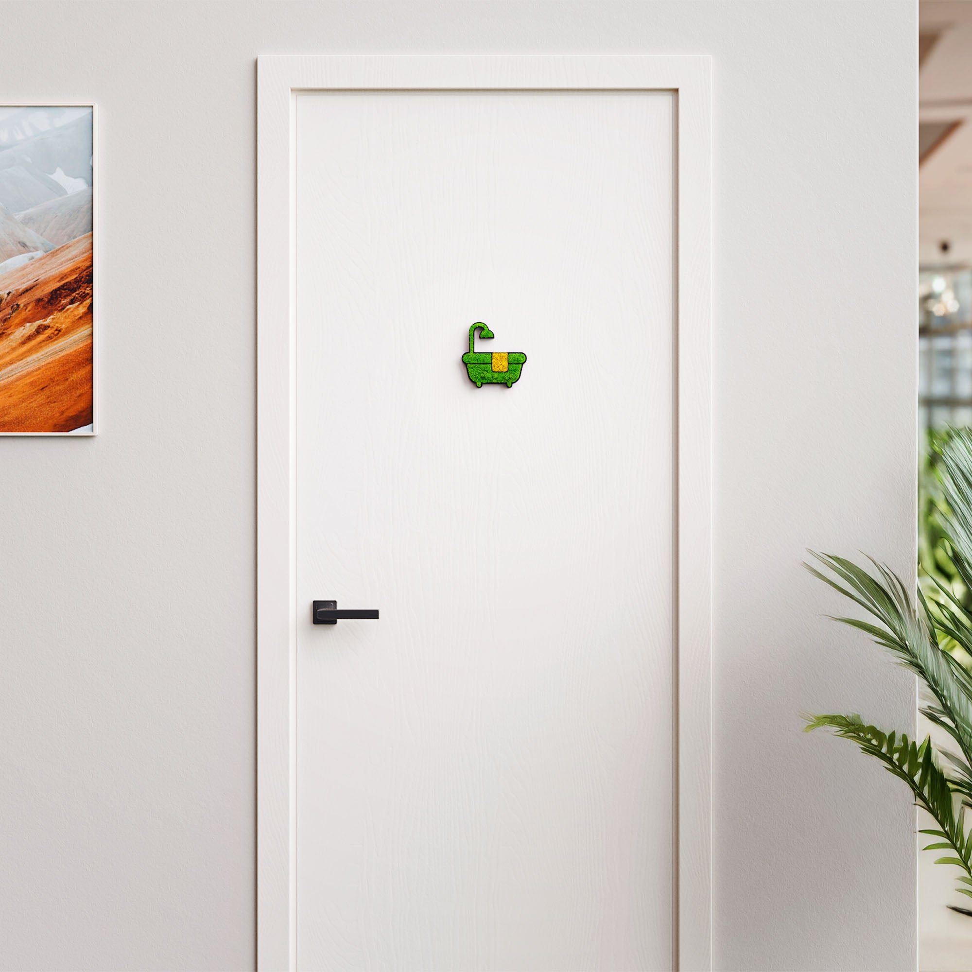 MOOSWERK Moss Door Sign Bathroom Pictogram – Self-adhesive decorative sign made of Iceland moss in a black frame