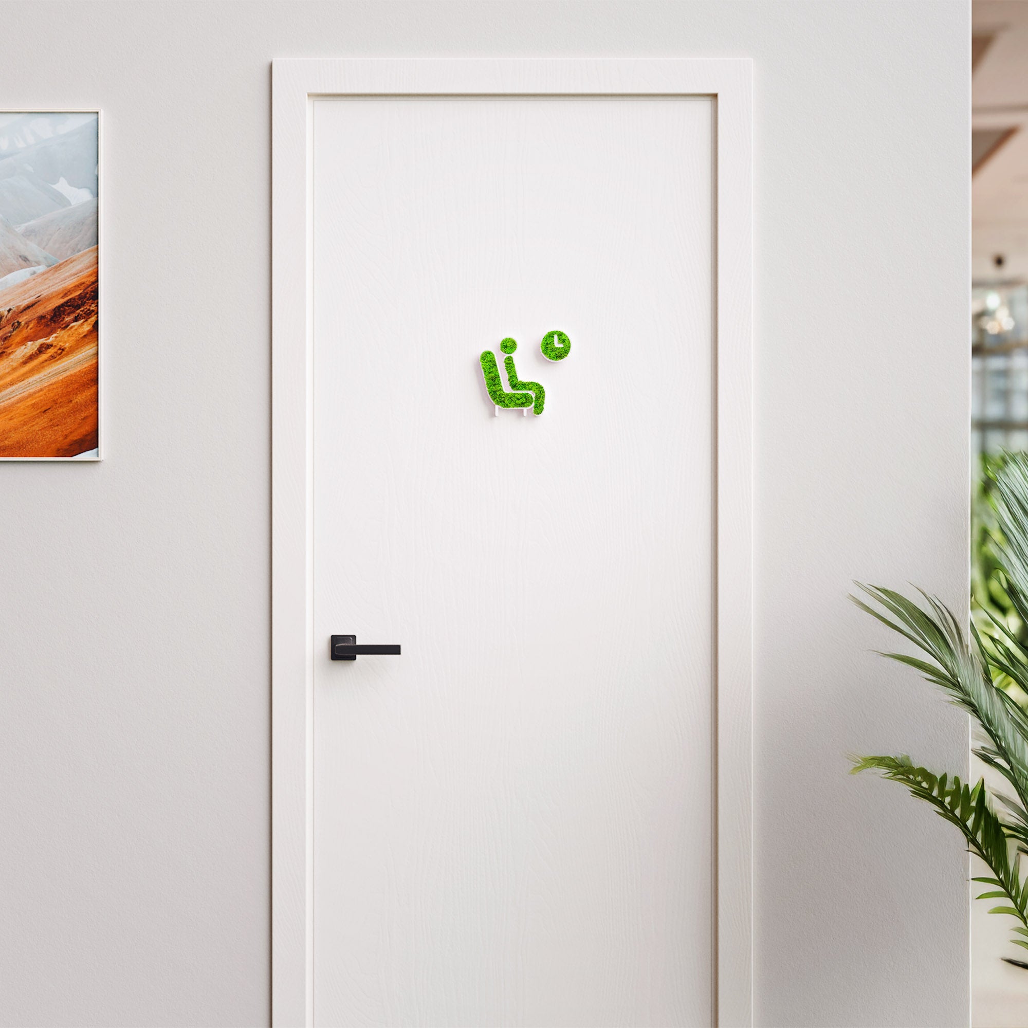 MOOSWERK Moos-Türschild Piktogramm Wartezimmer – Ruhe ausstrahlendes Schild aus Islandmoos im eleganten Rahmen Weiß