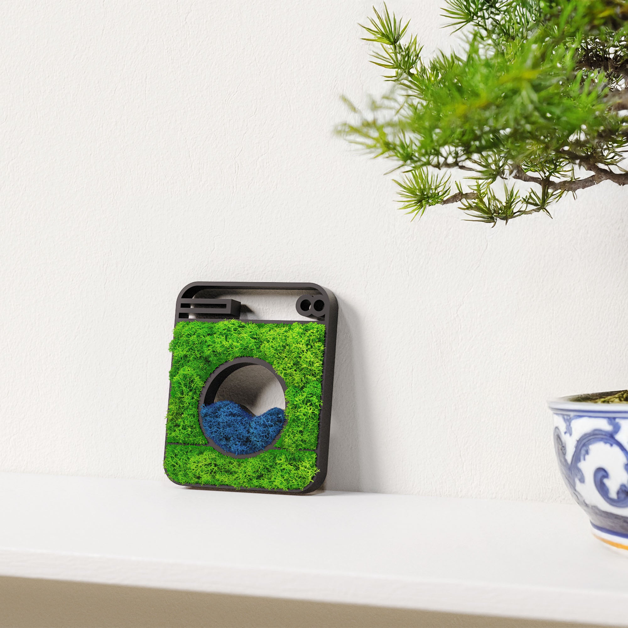 MOOSWERK Moos-Türschild Piktogramm Waschmaschine – Modernes Moosbild für Waschraum & Waschküche im schwarzen Rahmen