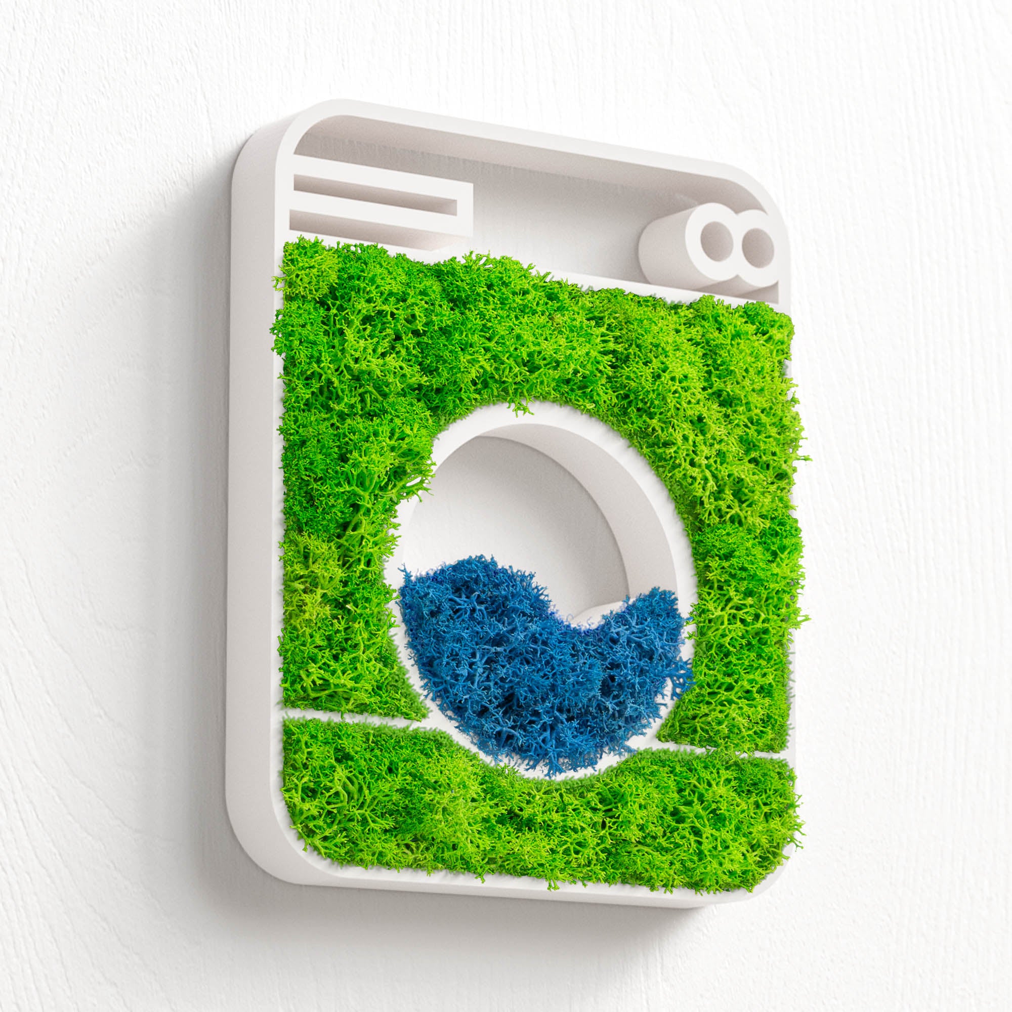 MOOSWERK Moos-Türschild Piktogramm Waschmaschine – Modernes Moosbild für Waschraum & Waschküche im weißen Rahmen