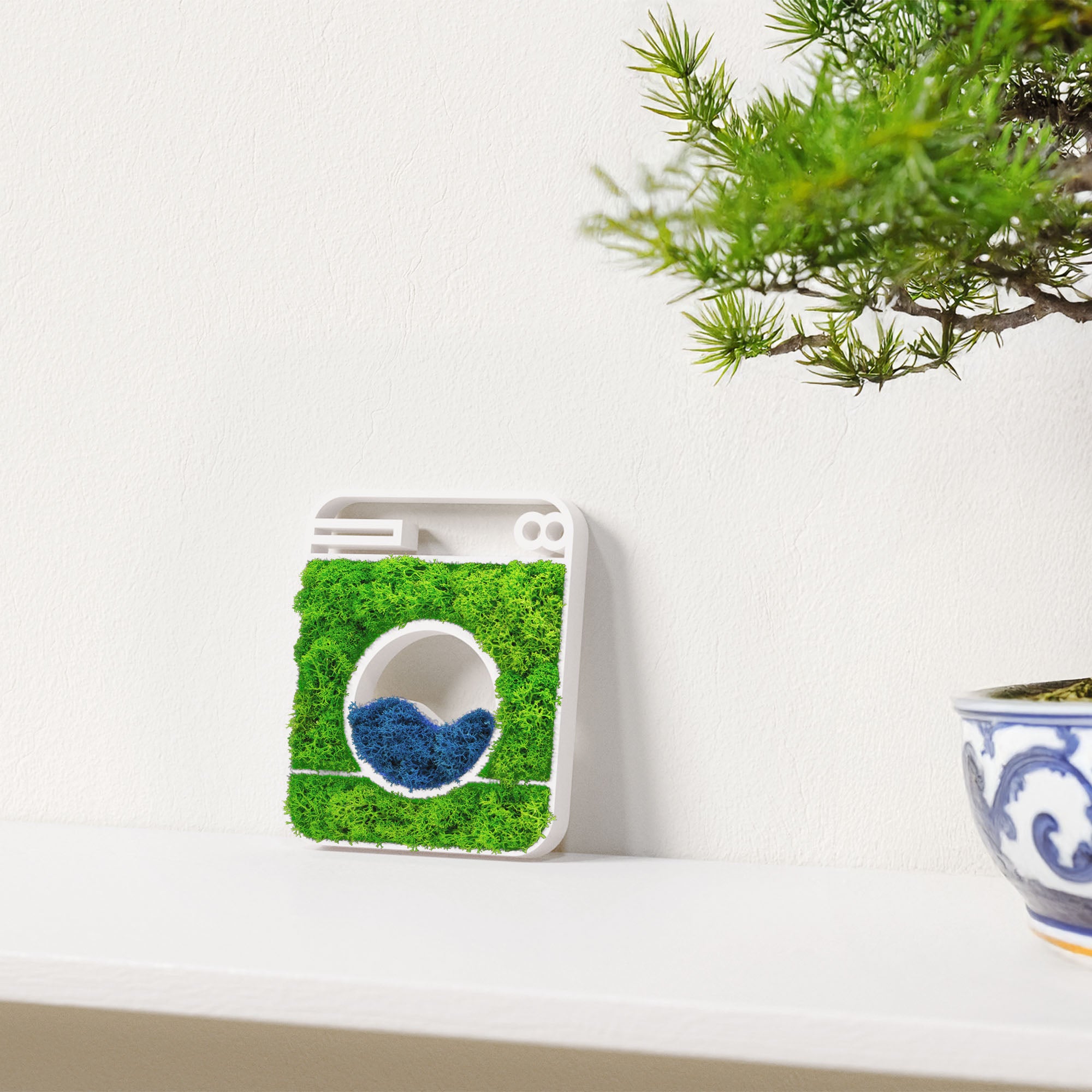 MOOSWERK Moos-Türschild Piktogramm Waschmaschine – Modernes Moosbild für Waschraum & Waschküche im weißen Rahmen