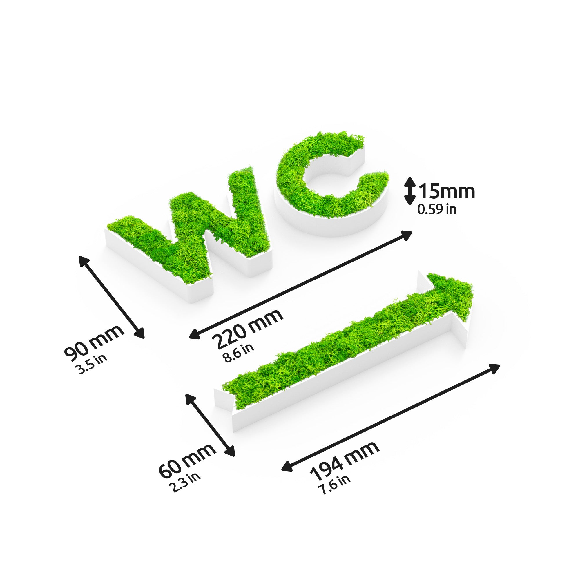 MOOSWERK WC Türschild & Wegweiser Pfeil Set | Modernes Toilettenschild aus echtem Islandmoos | Moosbild für Büro, Praxis, Restaurant & Hotel | Moosschild Weiß