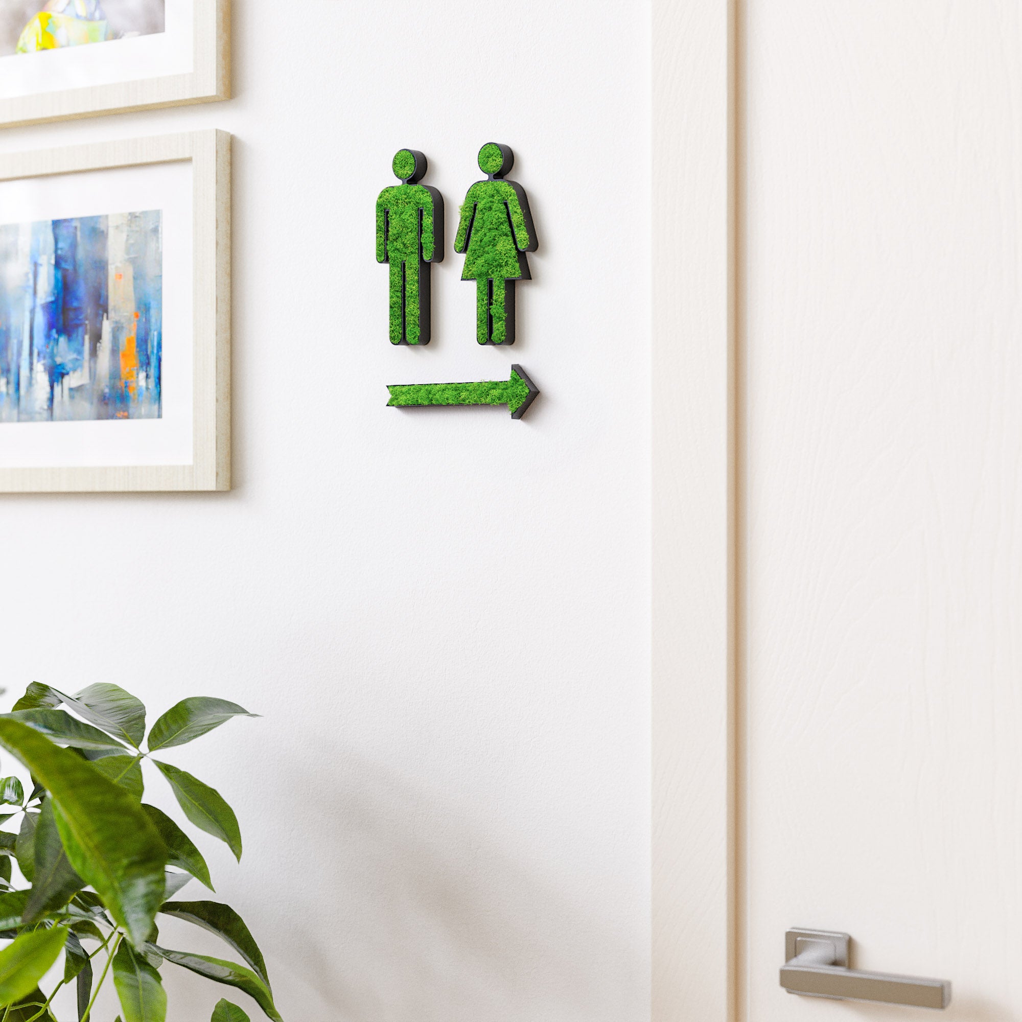 MOOSWERK WC Türschild Set mit Pfeil | Selbstklebendes Toilettenschild für Gäste-WC, Badezimmer & barrierefreie Toiletten | Natürliches Moosbild Deko-Schild für Tür oder Wand Schwarz