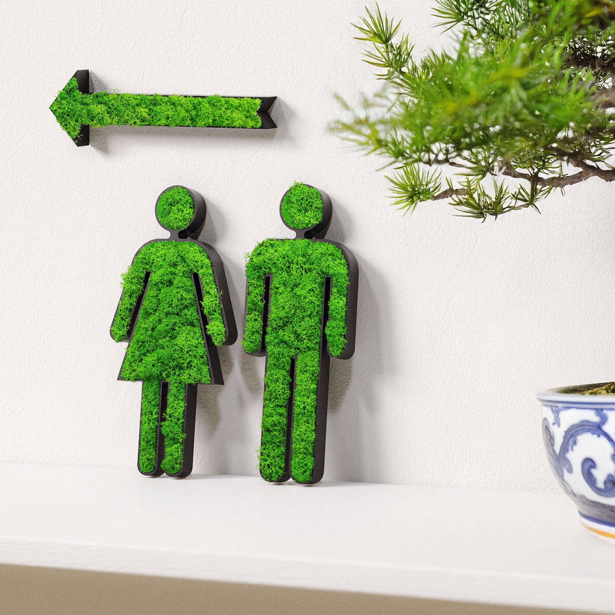 MOOSWERK WC Türschild Set mit Pfeil | Selbstklebendes Toilettenschild für Gäste-WC, Badezimmer & barrierefreie Toiletten | Natürliches Moosbild Deko-Schild für Tür oder Wand Schwarz