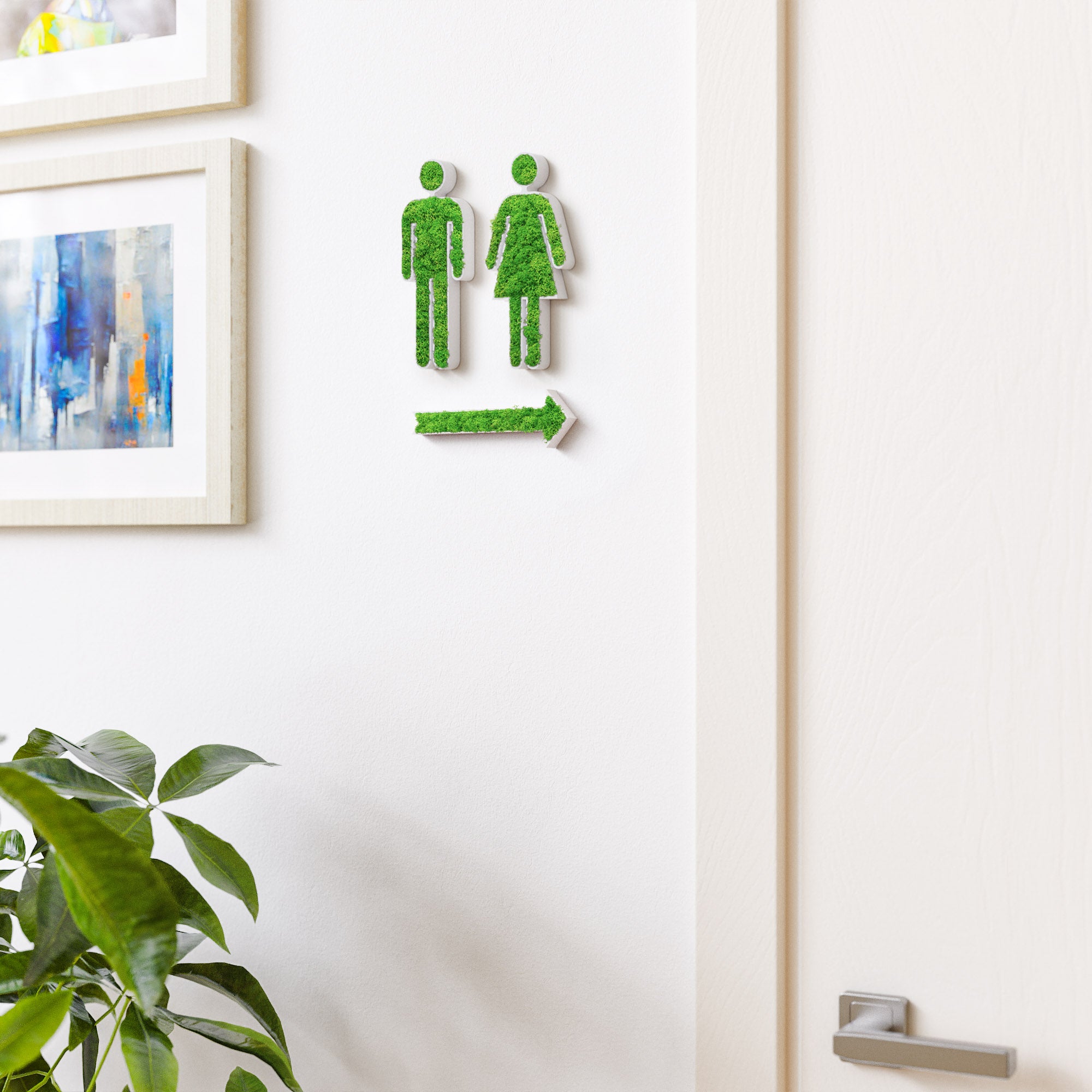 MOOSWERK WC Türschild Set mit Pfeil | Selbstklebendes Toilettenschild für Gäste-WC, Badezimmer & barrierefreie Toiletten | Natürliches Moosbild Deko-Schild für Tür oder Wand Weiß