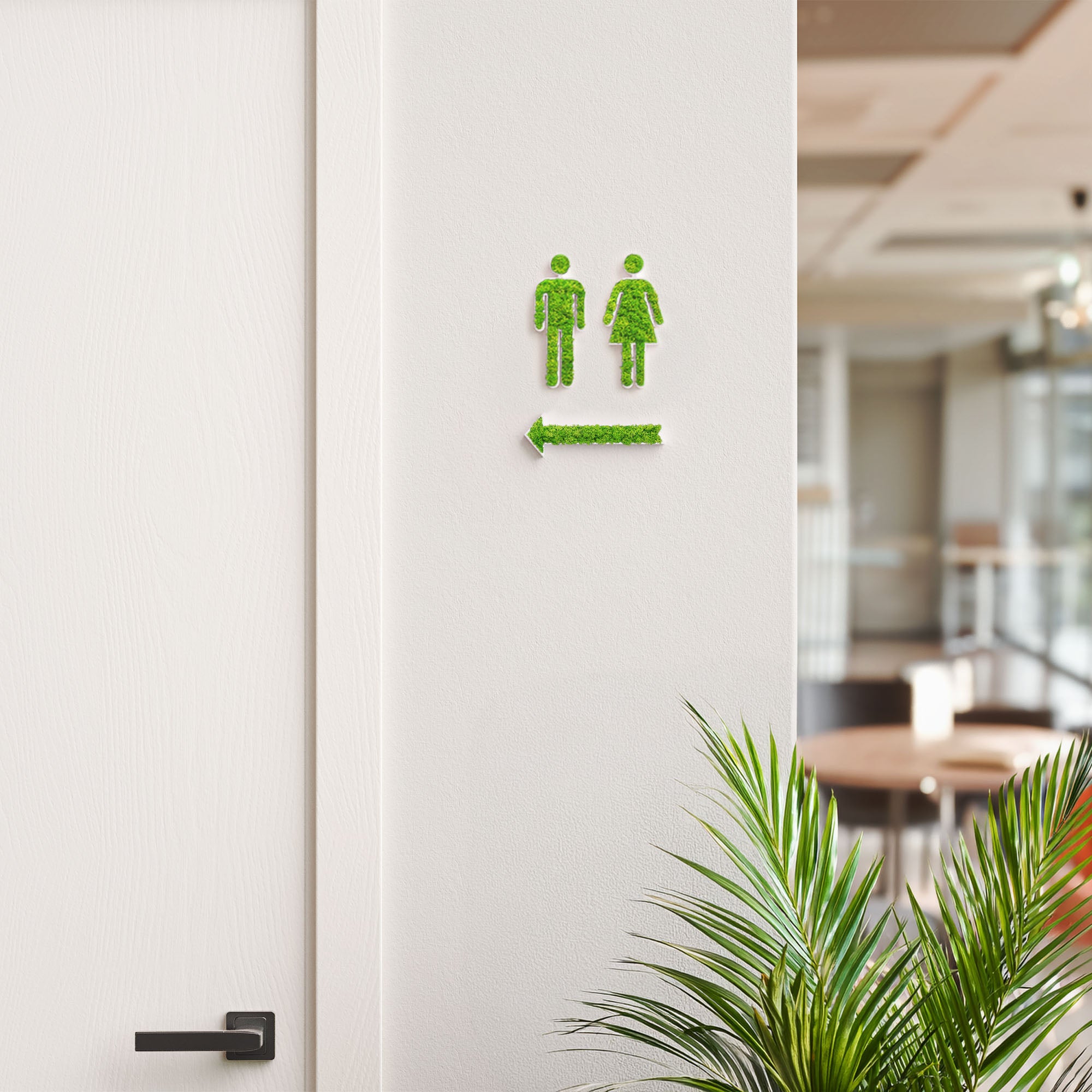 MOOSWERK WC Türschild Set mit Pfeil | Selbstklebendes Toilettenschild für Gäste-WC, Badezimmer & barrierefreie Toiletten | Natürliches Moosbild Deko-Schild für Tür oder Wand Weiß