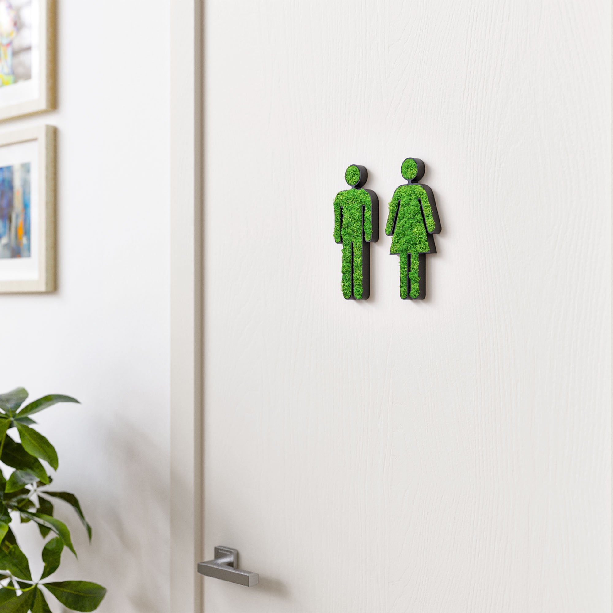 MOOSWERK Moss Door Sign WC Toilet Pictogram Woman &amp; Man – Elegant sign made of Iceland moss in a black frame