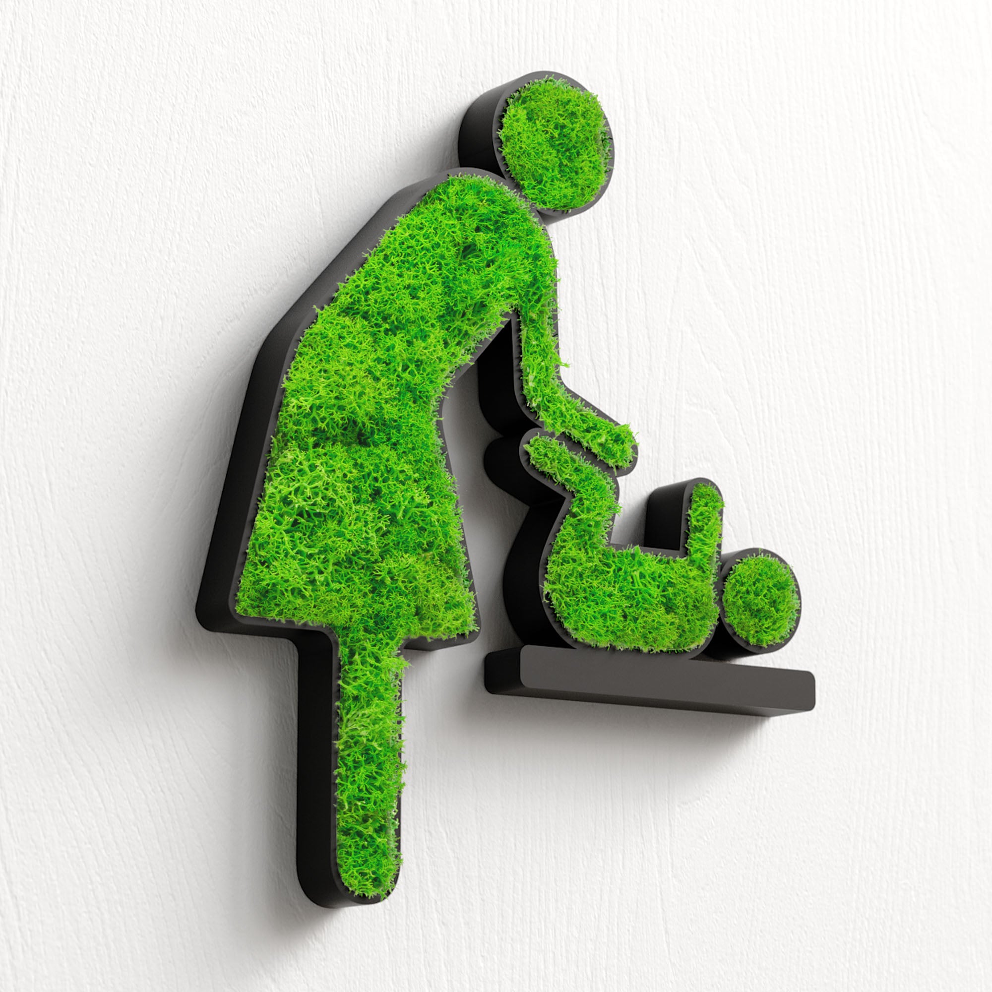 MOOSWERK Moss Door Sign Changing Room Pictogram (Woman &amp; Baby) – Handmade sign with real moss in a black frame