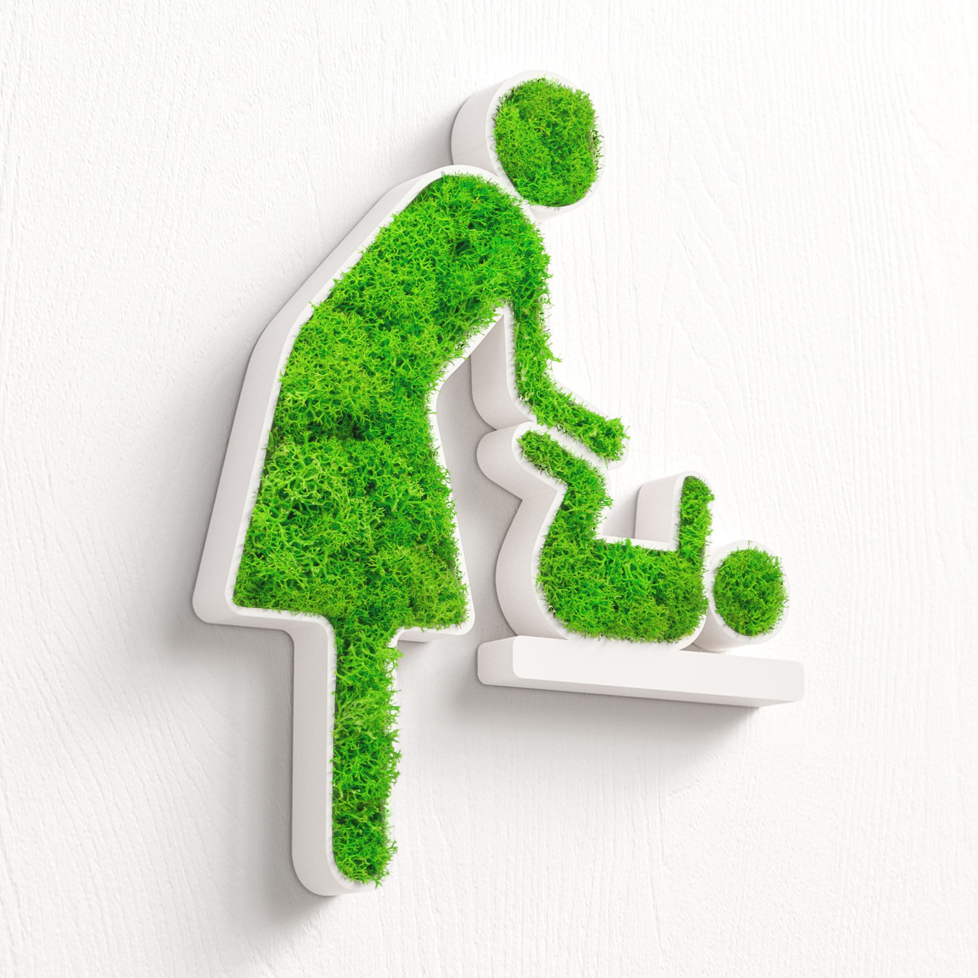 MOOSWERK Moss Door Sign Changing Room Pictogram (Woman &amp; Baby) – Handmade sign with real moss in a white frame
