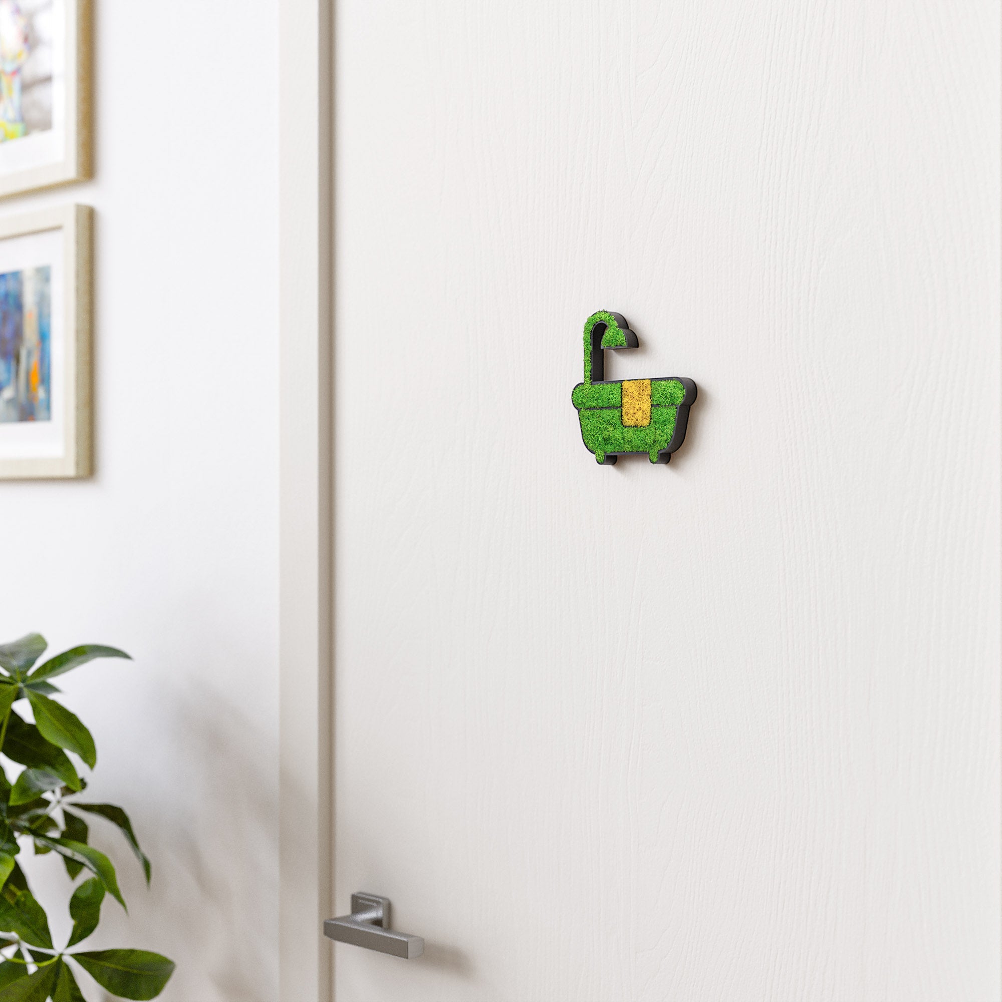 MOOSWERK Moss Door Sign Bathroom Pictogram – Self-adhesive decorative sign made of Iceland moss in a black frame