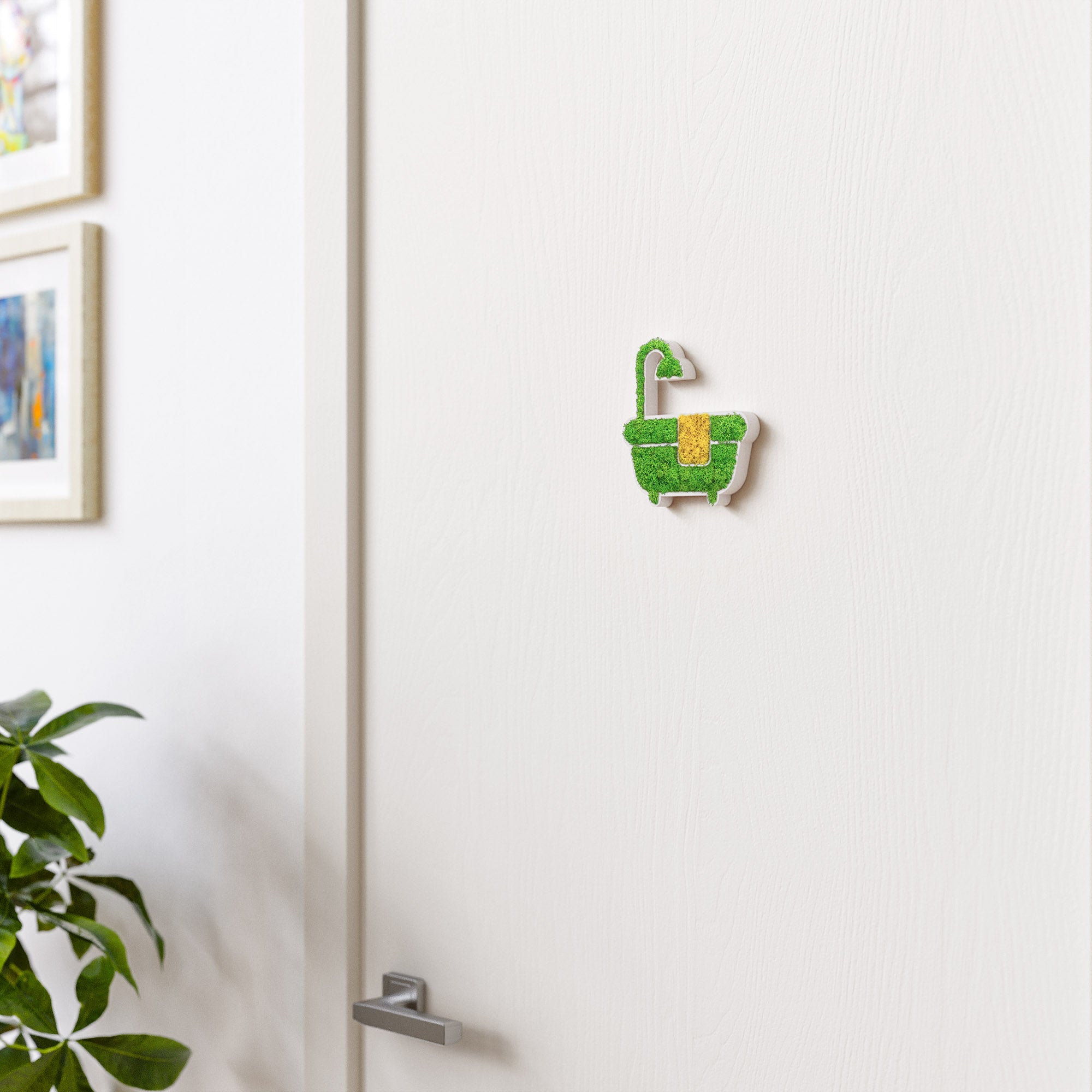 MOOSWERK Moss Door Sign Bathroom Pictogram – Self-adhesive decorative sign made of Iceland moss in a white frame