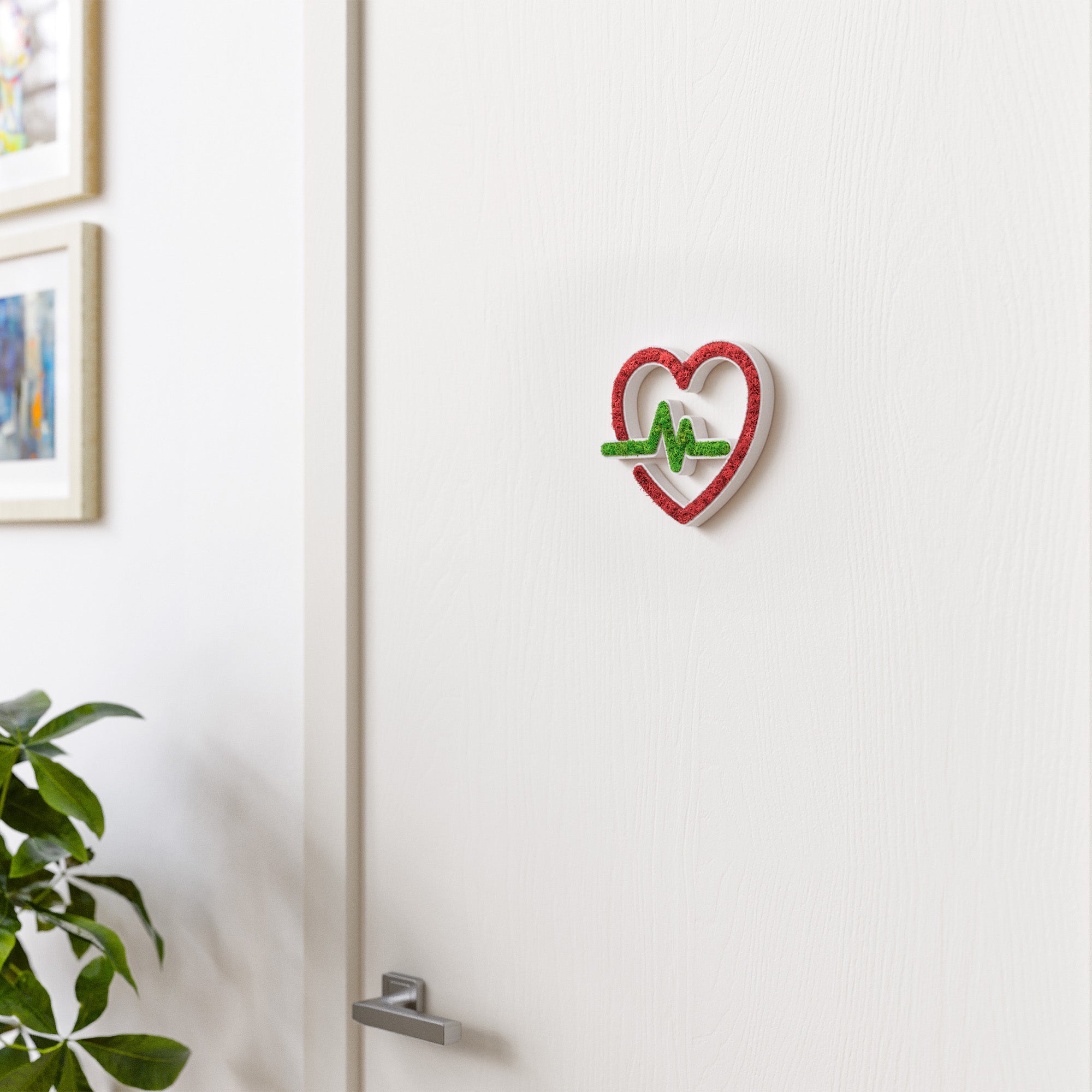 MOOSWERK Moos-Türschild Piktogramm EKG – Weißes Herzfrequenz-Symbol in eleganter Natur-Optik