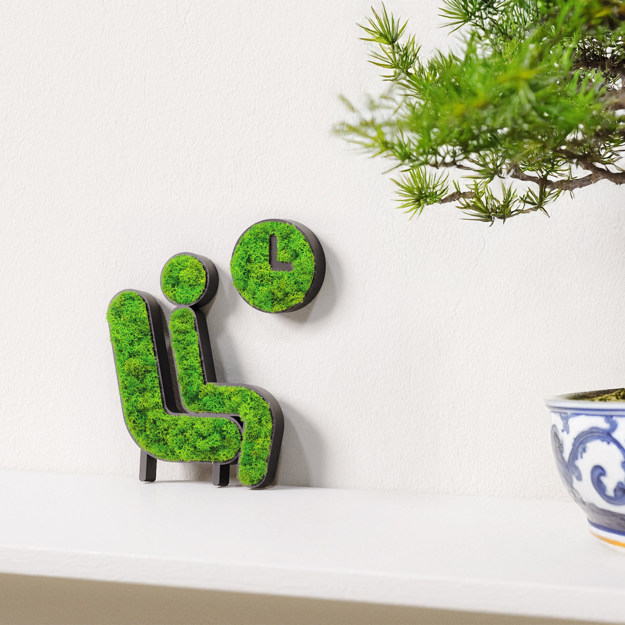 MOOSWERK Moos-Türschild Piktogramm Wartezimmer – Ruhe ausstrahlendes Schild aus Islandmoos im eleganten Rahmen Schwarz