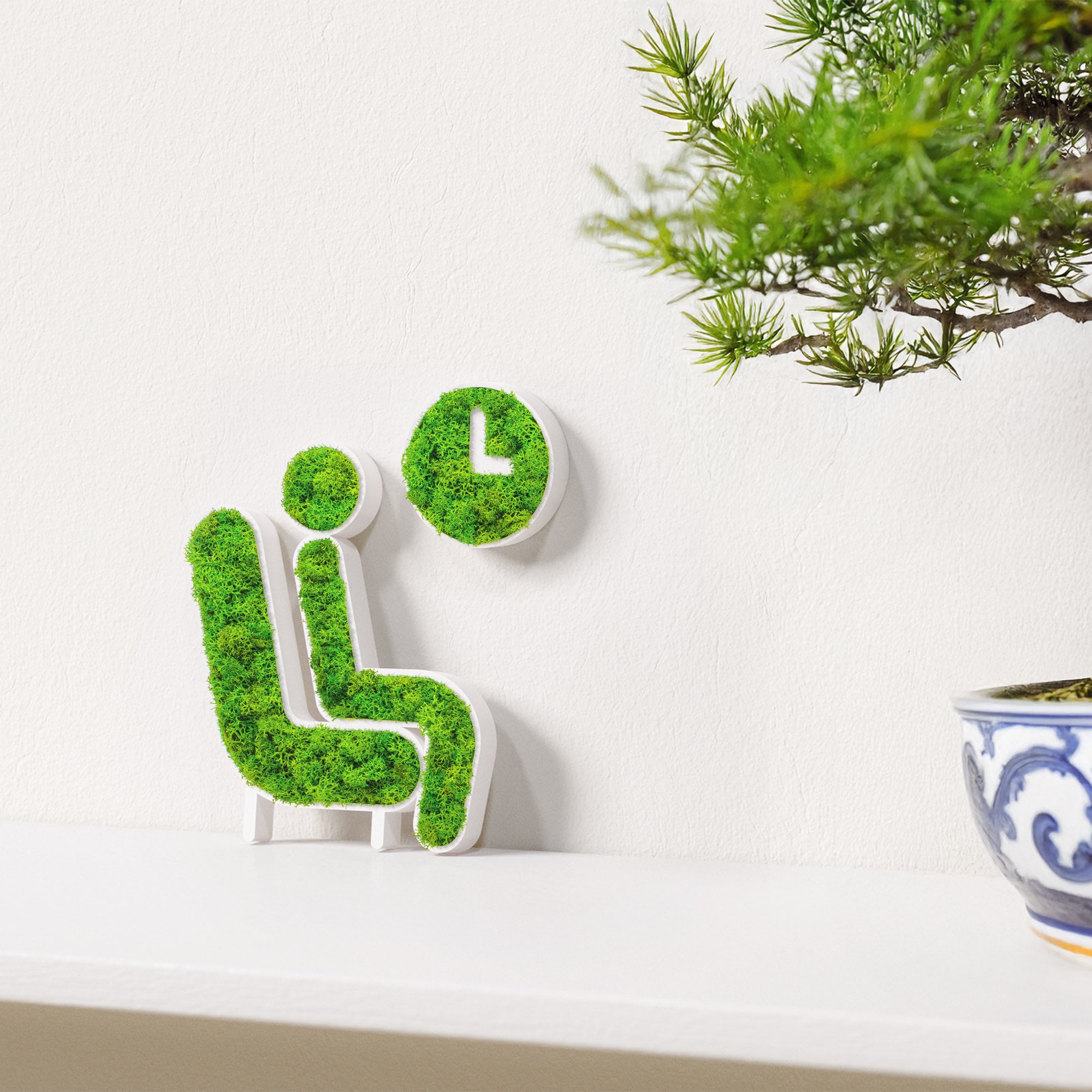 MOOSWERK Moos-Türschild Piktogramm Wartezimmer – Ruhe ausstrahlendes Schild aus Islandmoos im eleganten Rahmen Weiß