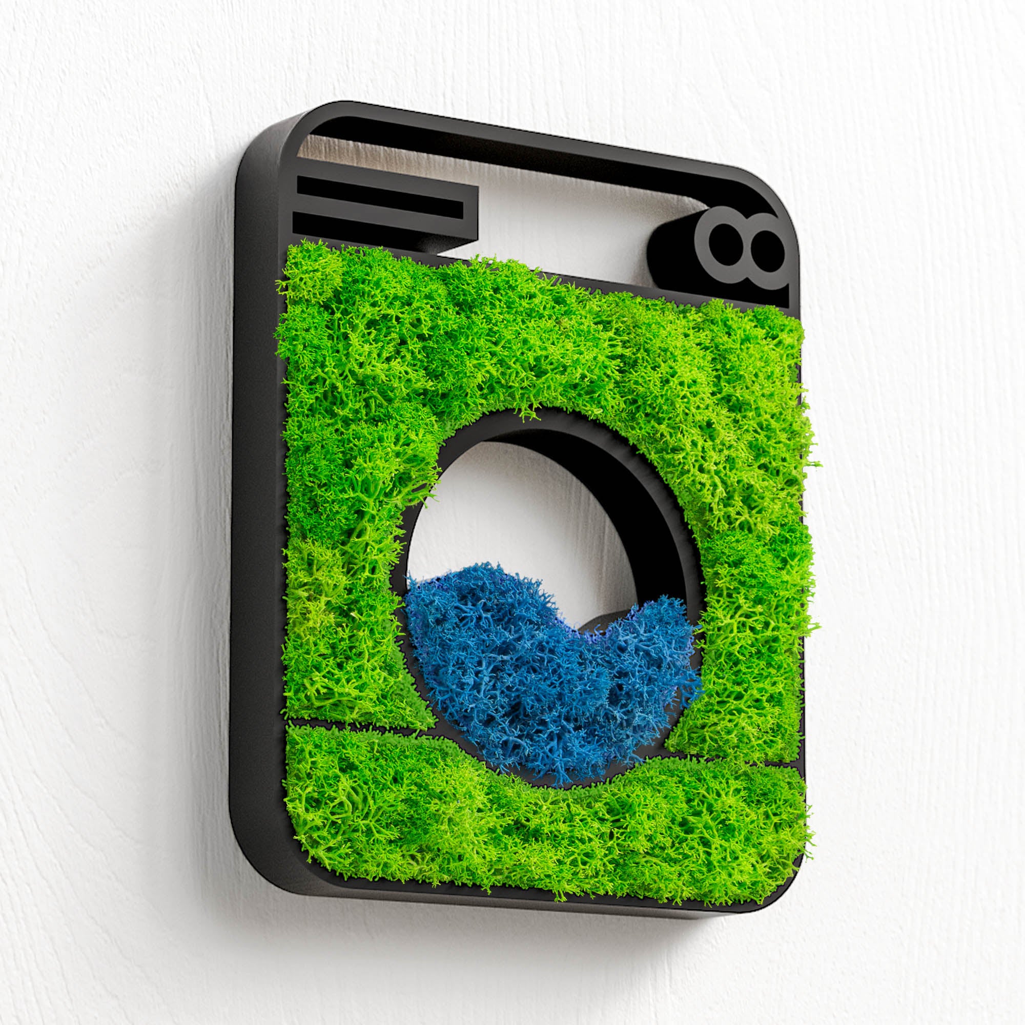 MOOSWERK Moos-Türschild Piktogramm Waschmaschine – Modernes Moosbild für Waschraum & Waschküche im schwarzen Rahmen