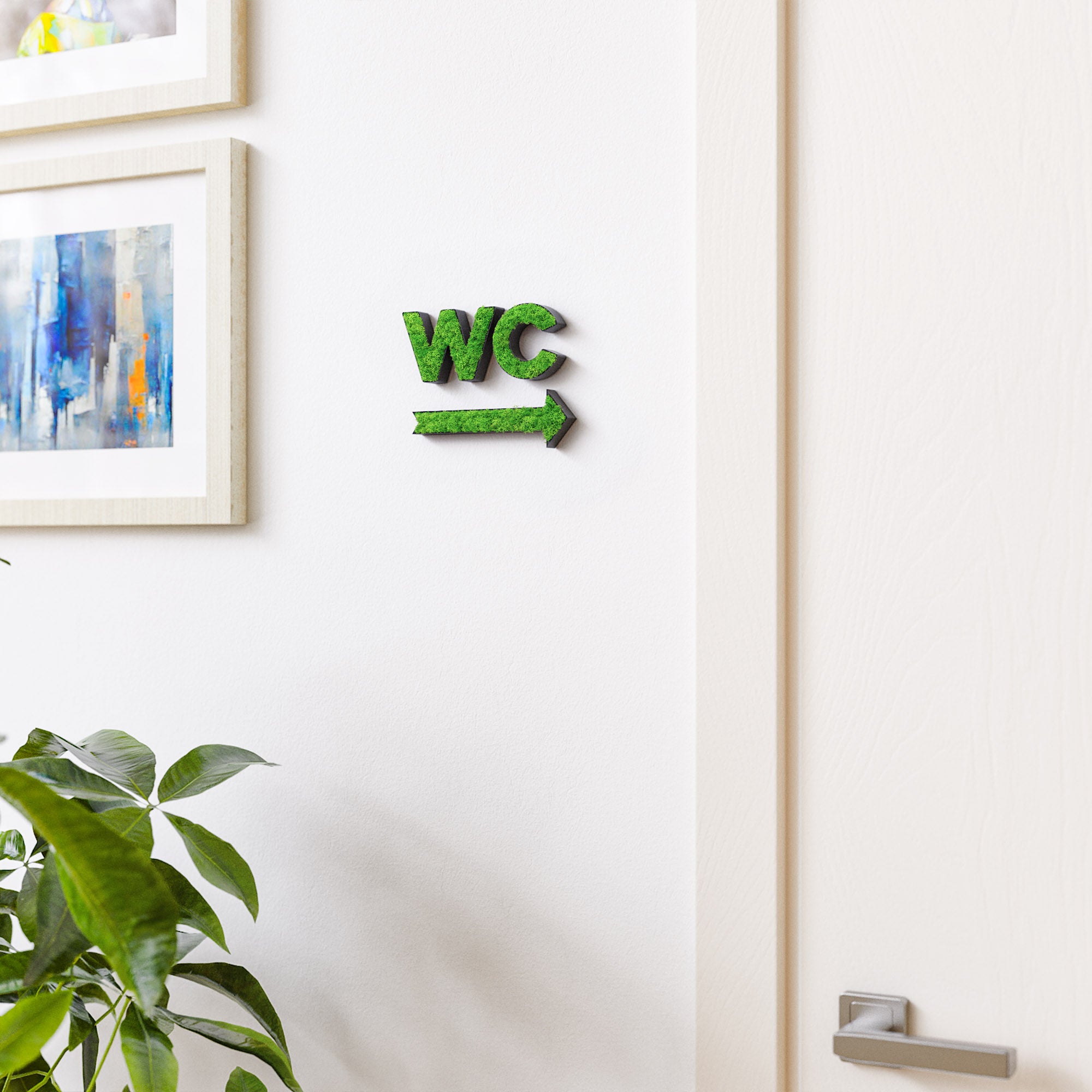 MOOSWERK WC Türschild & Wegweiser Pfeil Set | Modernes Toilettenschild aus echtem Islandmoos | Moosbild für Büro, Praxis, Restaurant & Hotel | Moosschild Schwarz
