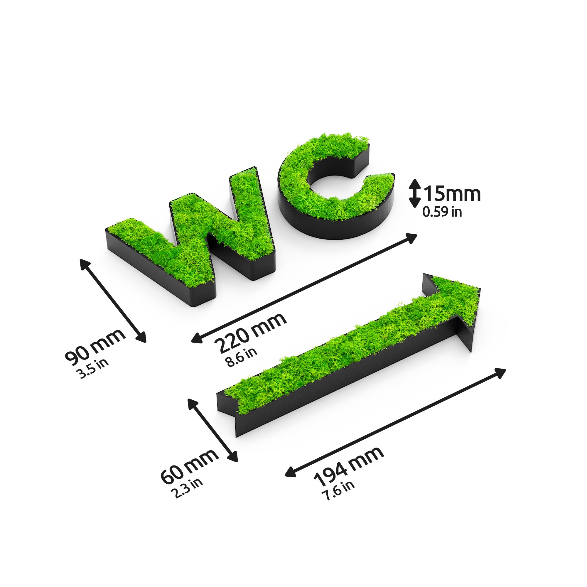 MOOSWERK WC Türschild & Wegweiser Pfeil Set | Modernes Toilettenschild aus echtem Islandmoos | Moosbild für Büro, Praxis, Restaurant & Hotel | Moosschild Schwarz