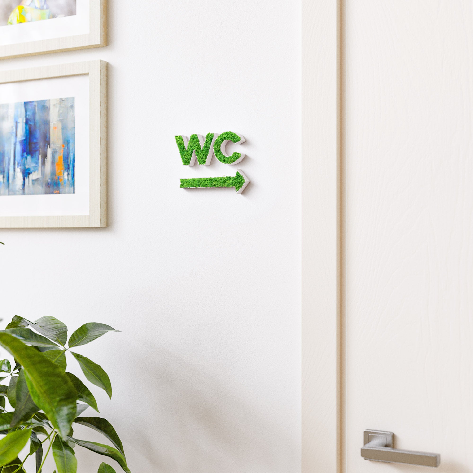 MOOSWERK WC Türschild & Wegweiser Pfeil Set | Modernes Toilettenschild aus echtem Islandmoos | Moosbild für Büro, Praxis, Restaurant & Hotel | Moosschild Weiß