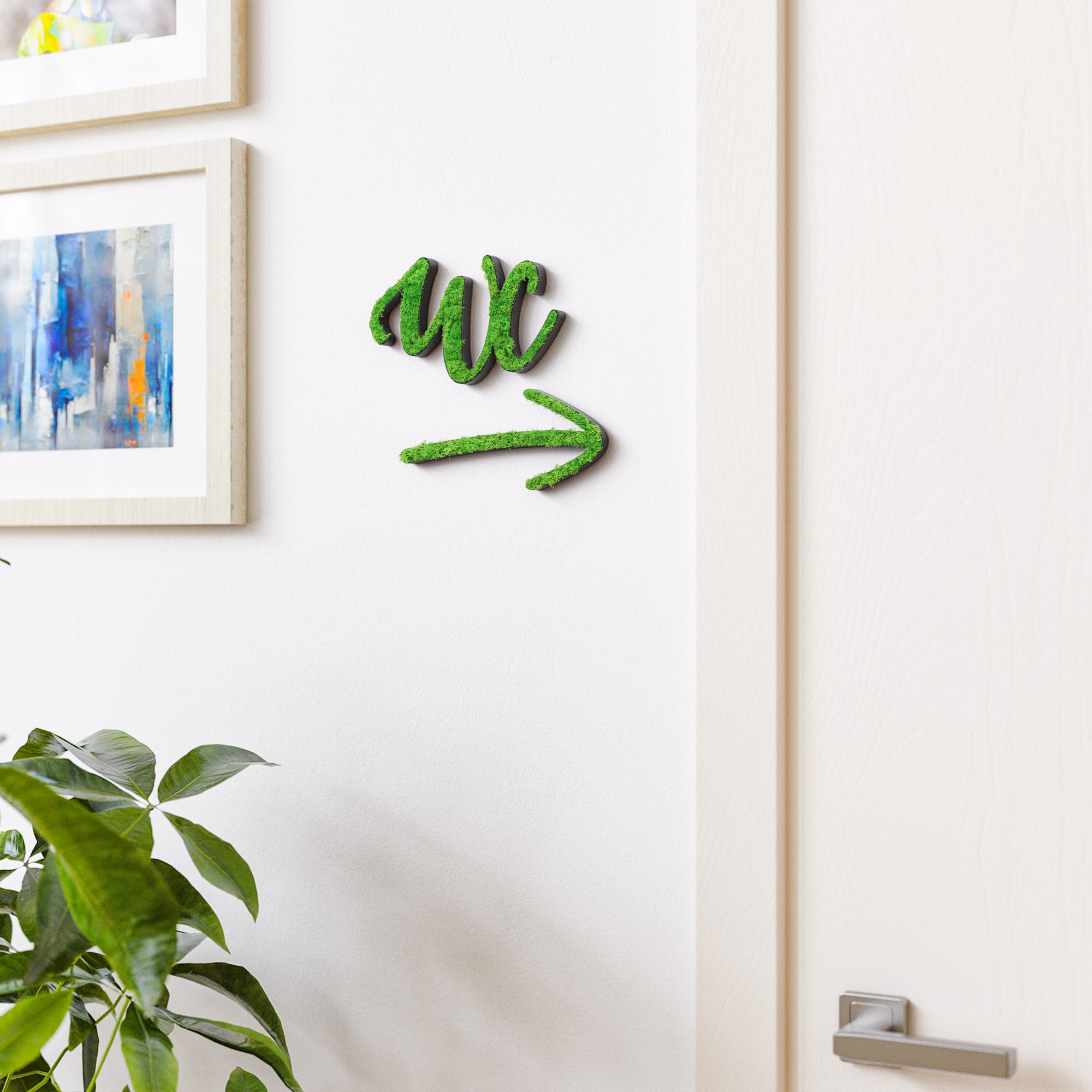 MOOSWERK WC Türschild & Pfeil-Wegweiser Set Geschwungen | Toilettenschild aus Islandmoos für Büro, Praxis, Restaurant & Hotel | Moosschild Schwarz