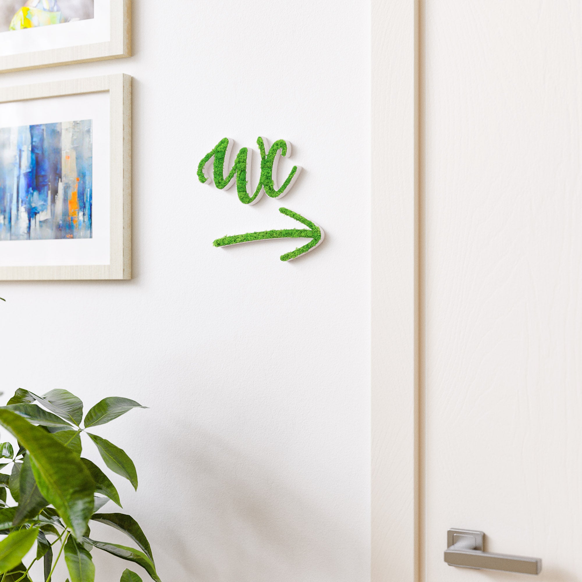 MOOSWERK WC Türschild & Pfeil-Wegweiser Set Geschwungen | Toilettenschild aus Islandmoos für Büro, Praxis, Restaurant & Hotel | Moosschild weiß