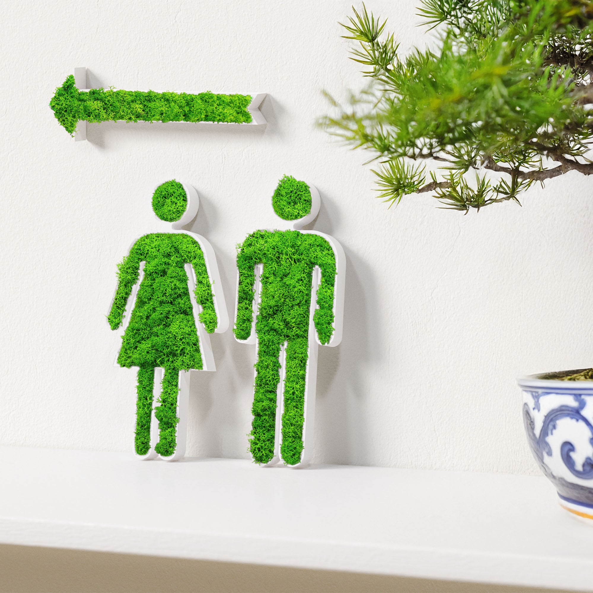 MOOSWERK WC Türschild Set mit Pfeil | Selbstklebendes Toilettenschild für Gäste-WC, Badezimmer & barrierefreie Toiletten | Natürliches Moosbild Deko-Schild für Tür oder Wand Weiß