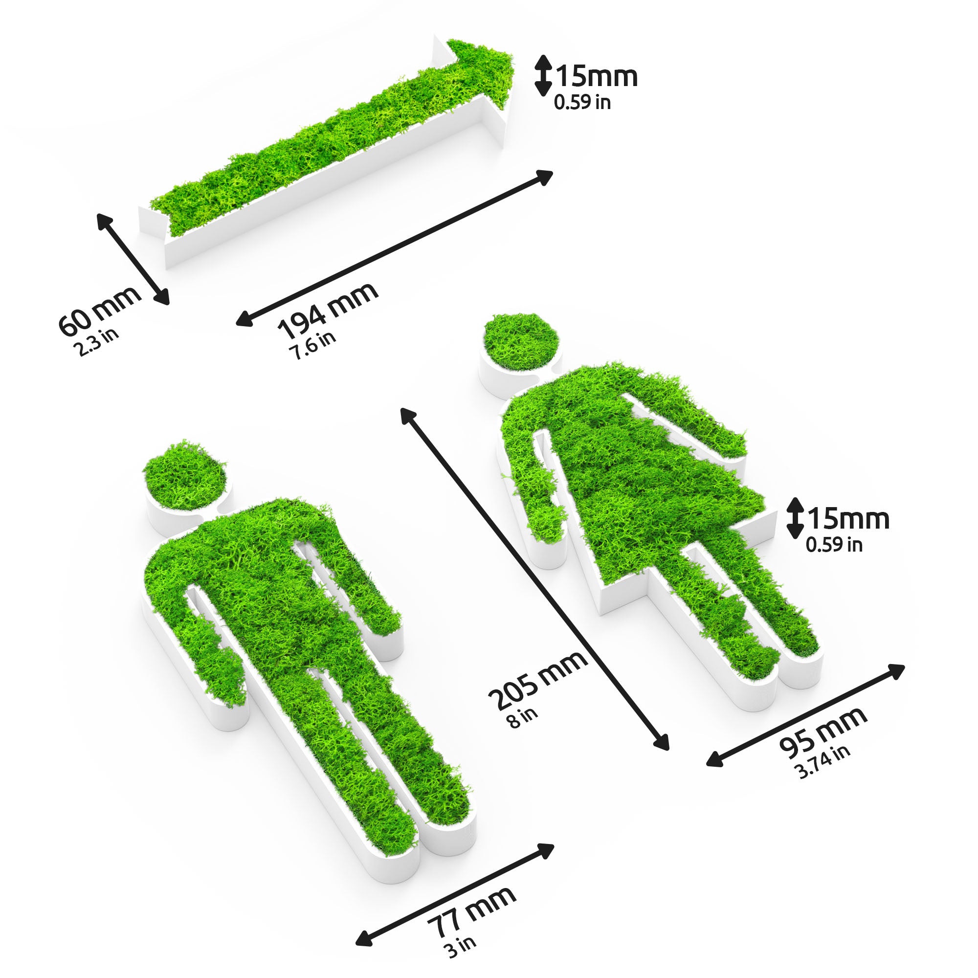 MOOSWERK WC Türschild Set mit Pfeil | Selbstklebendes Toilettenschild für Gäste-WC, Badezimmer & barrierefreie Toiletten | Natürliches Moosbild Deko-Schild für Tür oder Wand Weiß